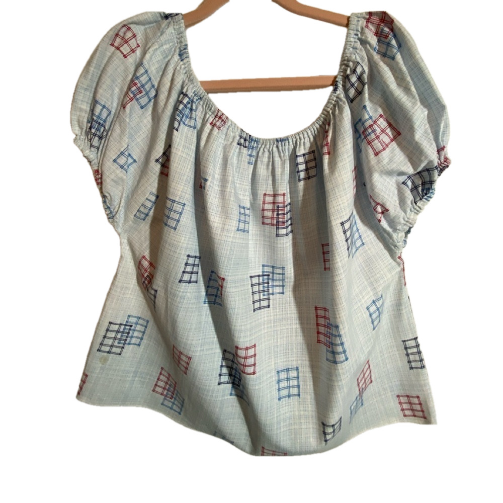 PEASANT TOP VINTAGE 1950’S BLUE/RED RECTANGLE PATTERN SIZE S  *READ DESCRIPTION*